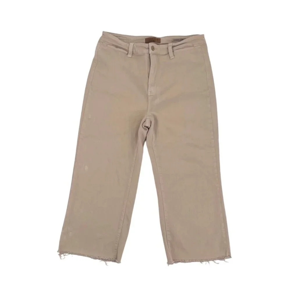 Judy Blue Womens Beige Frayed Hem Wide Leg Cropped Pants Size 15/32 Neutral - Picture 1 of 10